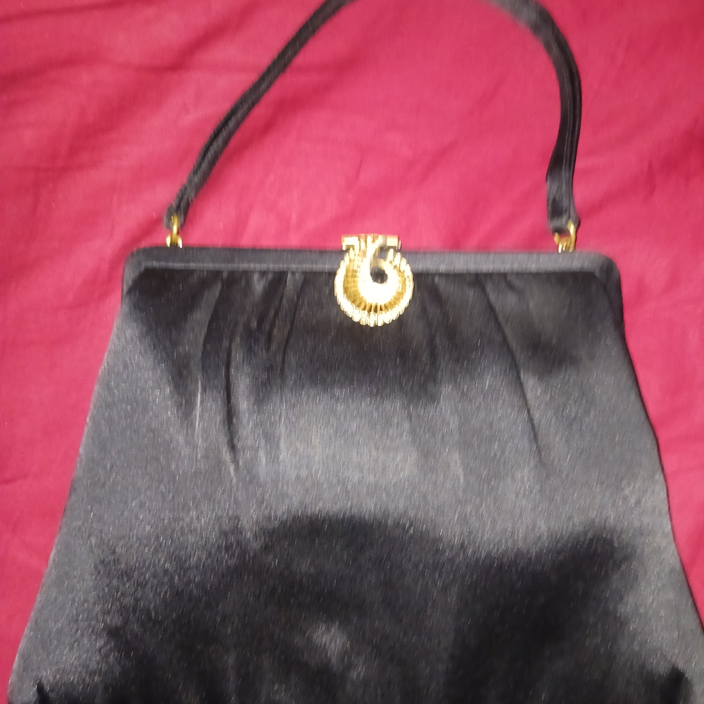 Chic Willowbrook Etcetera 60s Black Satin Clutch with Gold And Rhinestone Accent